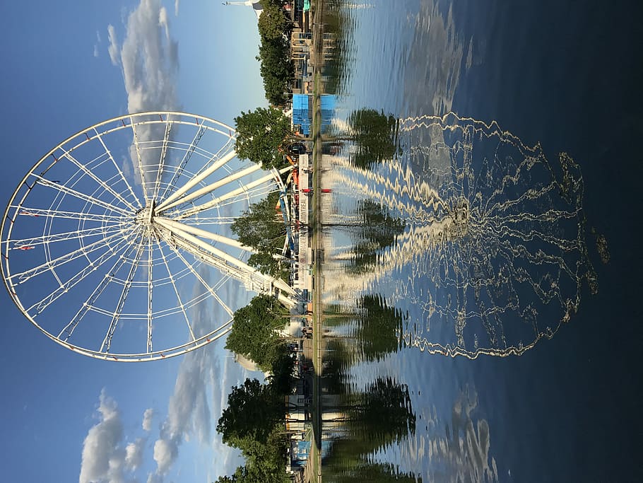 landscape photography of ferry's wheel, photo of a body of water reflecting a nearby white ferris wheel, HD wallpaper