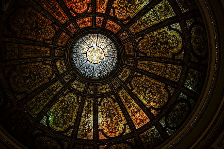 round black and gold stained glass dome building interior, art HD wallpaper