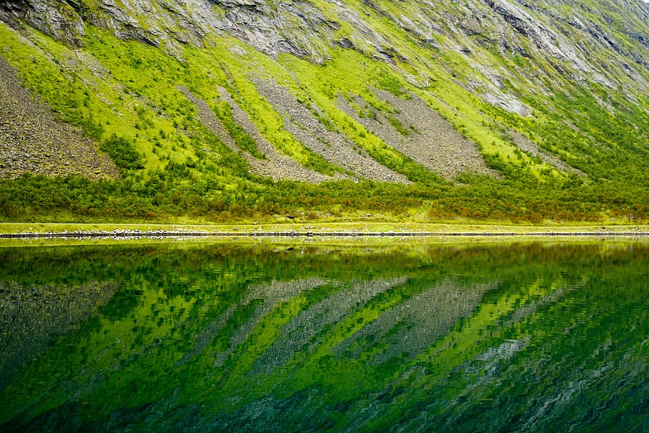 reflection of sloping land on still water, top-view of pathway in middle of mountain HD wallpaper
