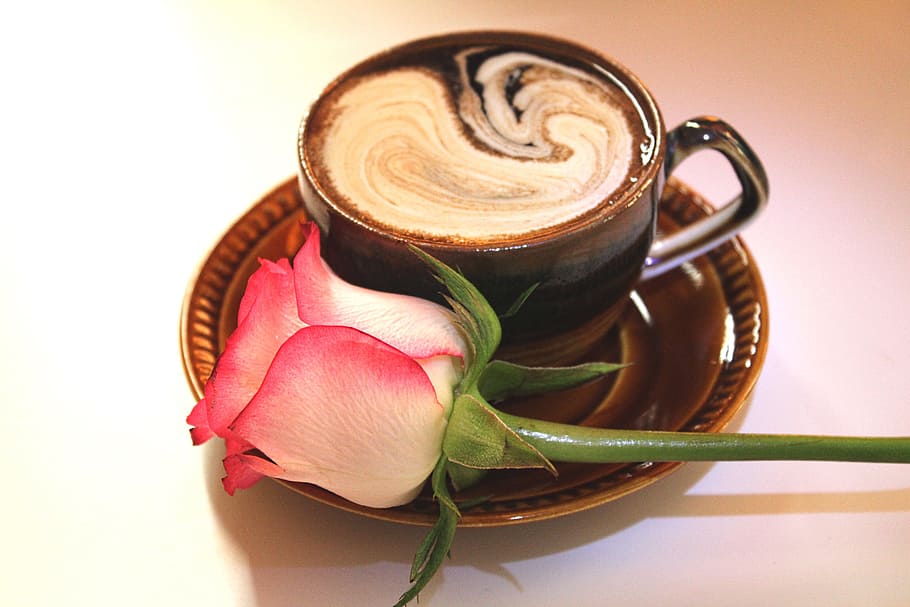 photo of brown ceramic coffee mug with pink and white rose, cup of coffee