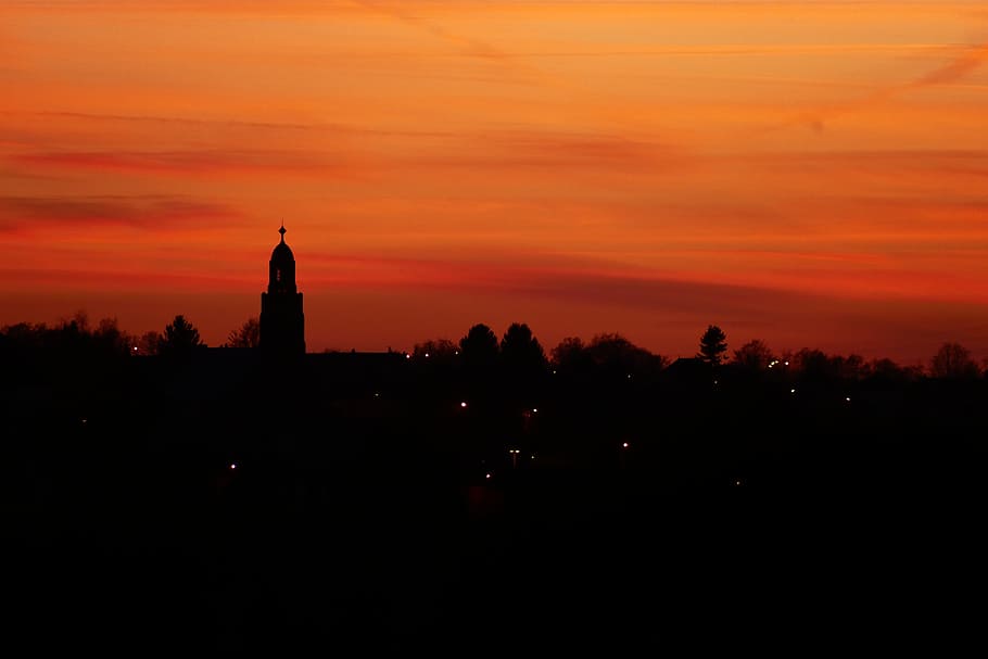 sunset, dusk, dawn, evening, silhouette, backlit, sky, architecture HD wallpaper