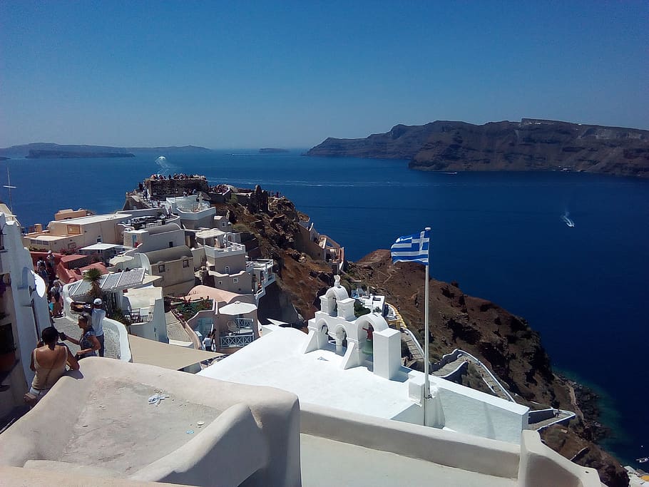 santorini, greece, island, water, sea, sky, architecture, built structure HD wallpaper