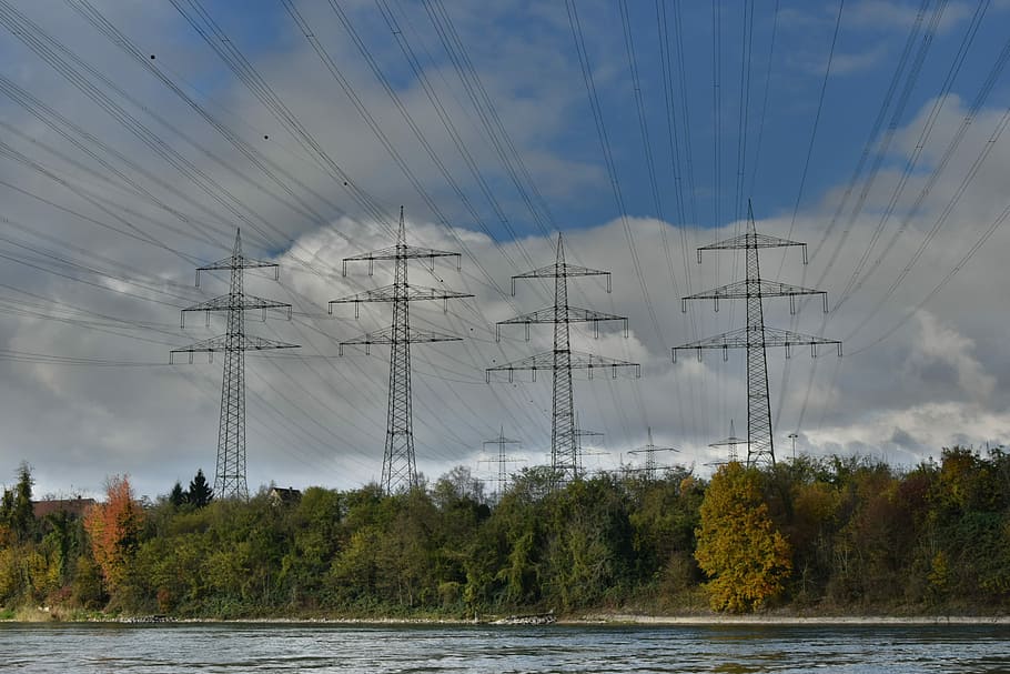 Current, Lines, Energy, River, rhine, mast, power supply, cable HD wallpaper