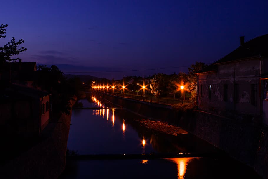 night, river, reflections, lights, town, water, blue, city HD wallpaper
