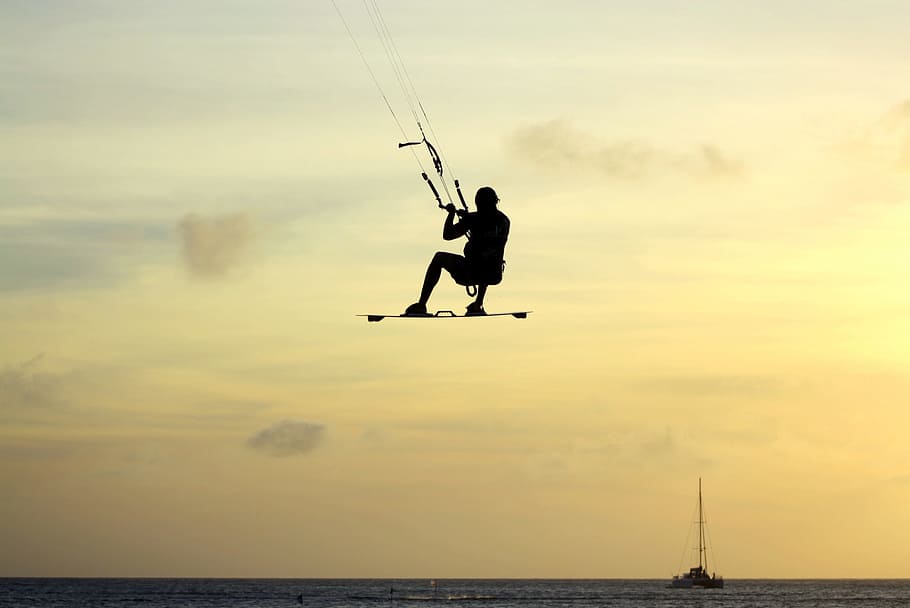 Sunset, Extreme, Kitesurf, Man, style, silhouette, one person HD wallpaper