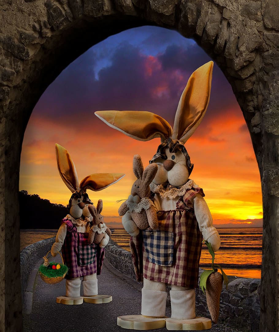 easter, easter bunny, greeting card, sky, sunset, nature, representation HD wallpaper