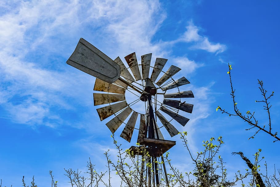 sky, wheel, turning, power, windmill, clouds, rotation, turbine HD wallpaper