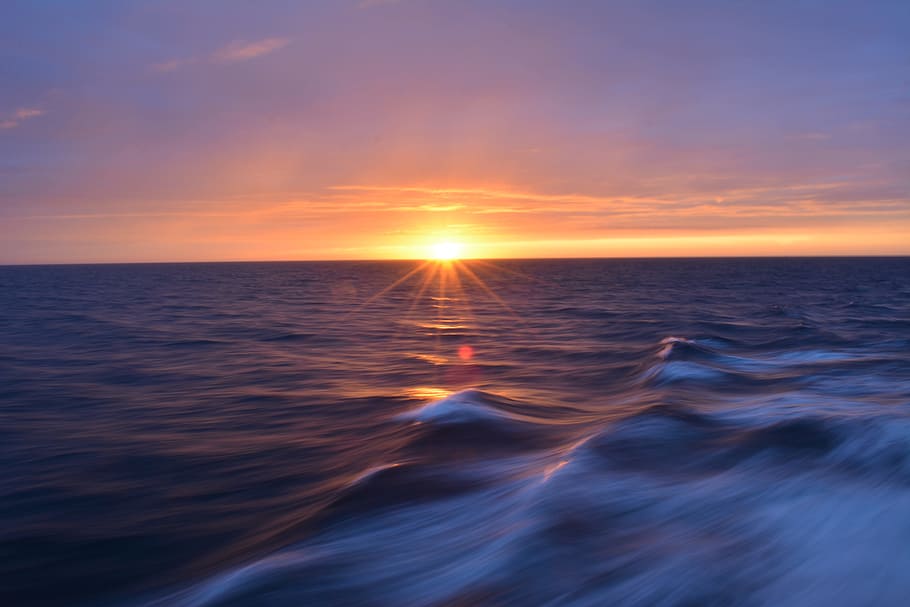 sea during sunset, railing, time out, relaxation, rest, break HD wallpaper