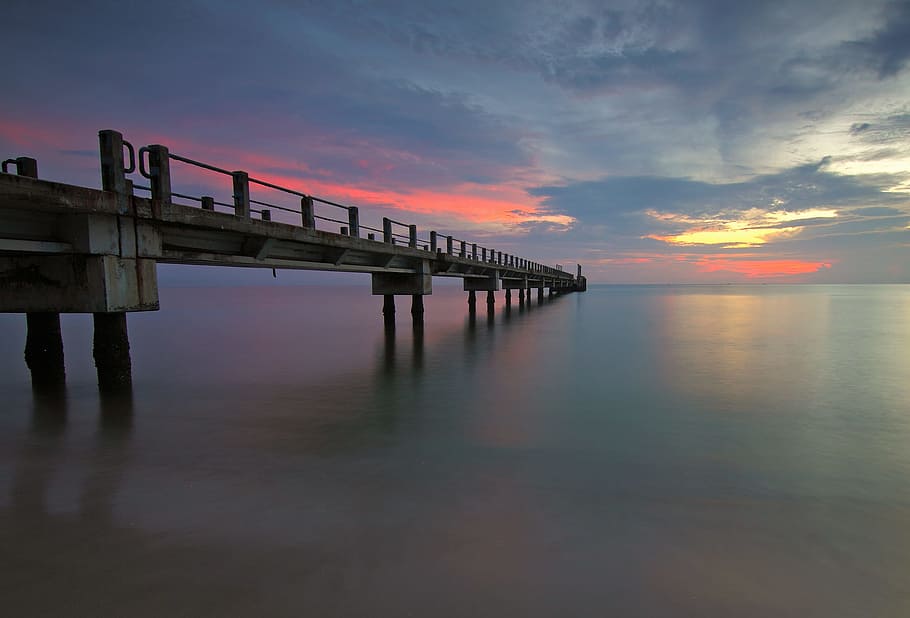 jetty, sea, dawn, sky, beach, clouds, dock, ocean, outdoors, reflections HD wallpaper