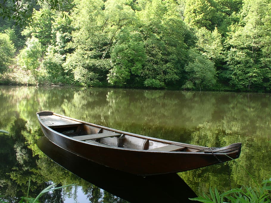 brown canoe boat on body of water, Boot, Bank, Lake, Rowing Boat