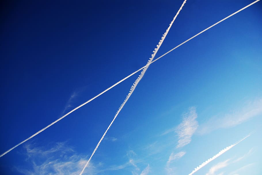 clouds, plane, flights, signs, marks, sky, blue, clouds sky HD wallpaper