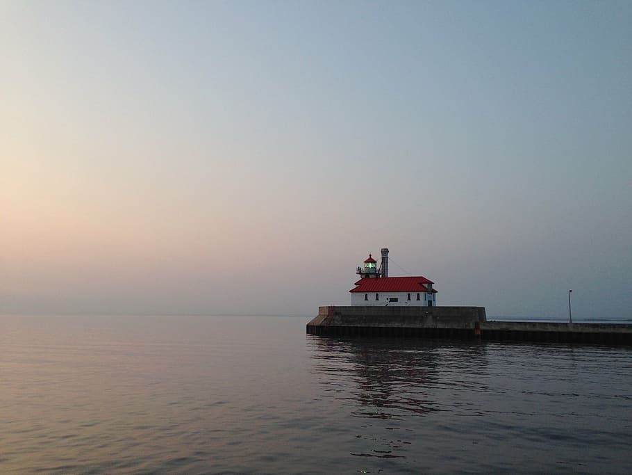 lighthouse at sunset, duluth, light house, minnesota, lake superior HD wallpaper