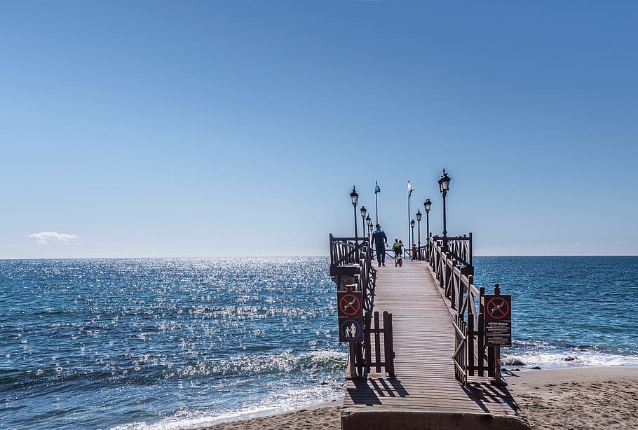 jetty, sea, dawn, sky, beach, blue, coast, dock, horizon, leisure HD wallpaper
