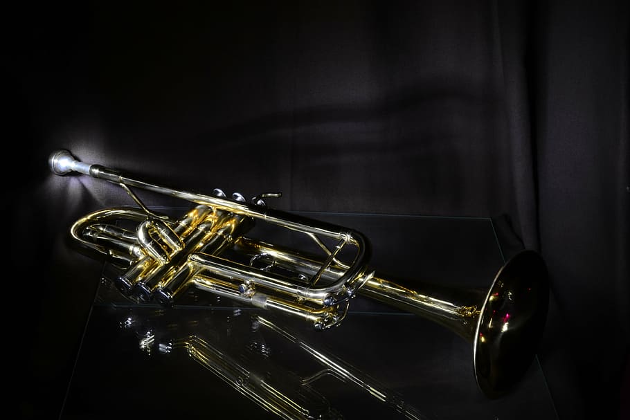 brass trumpet on black surface, jazz, musical instrument, arts culture and entertainment, HD wallpaper