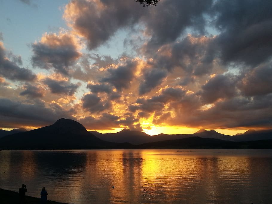 sunset, lake, sky, clouds, outdoors, scenic, tranquil, stratosphere HD wallpaper