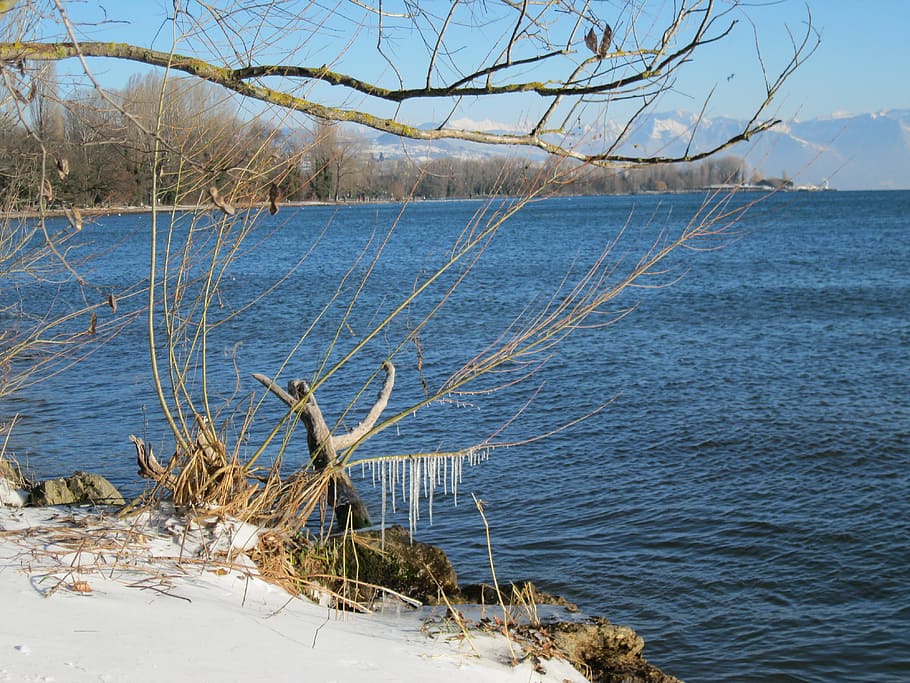 snow, lake, cold, winter, frozen lake, mountain, white, winter landscape HD wallpaper
