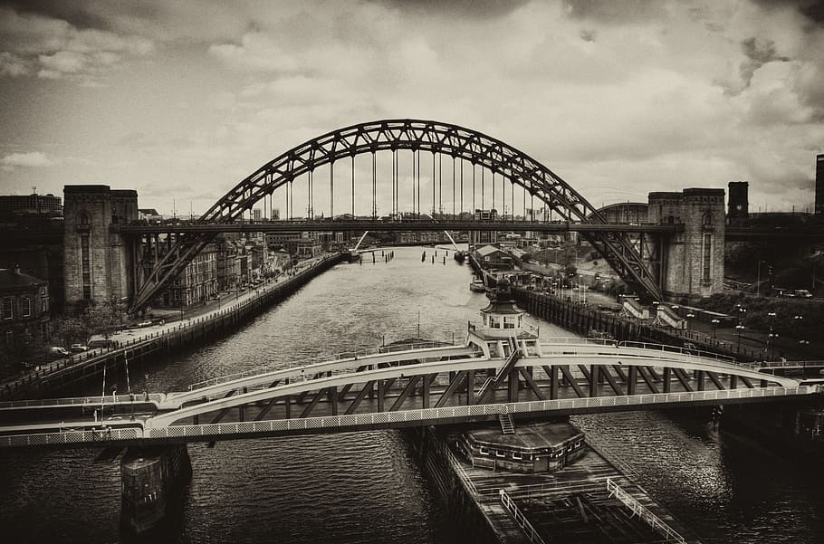 grayscale photography of ship crossing under bridge during cloudy daytime, HD wallpaper