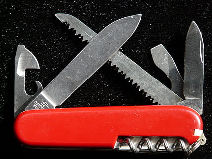 red and silver multi-tool, pocket knife, sharp, cut, hazardous HD wallpaper