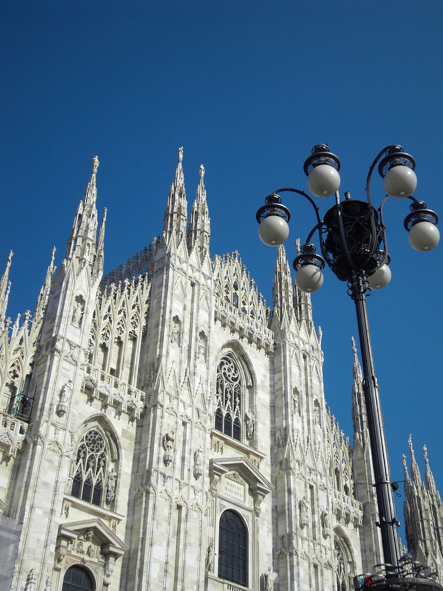 white chapel under blue sky, milan, lantern, low angle view HD wallpaper