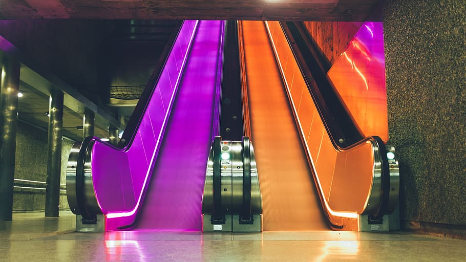 orange and purple escalator inside building, staircase, metro HD wallpaper