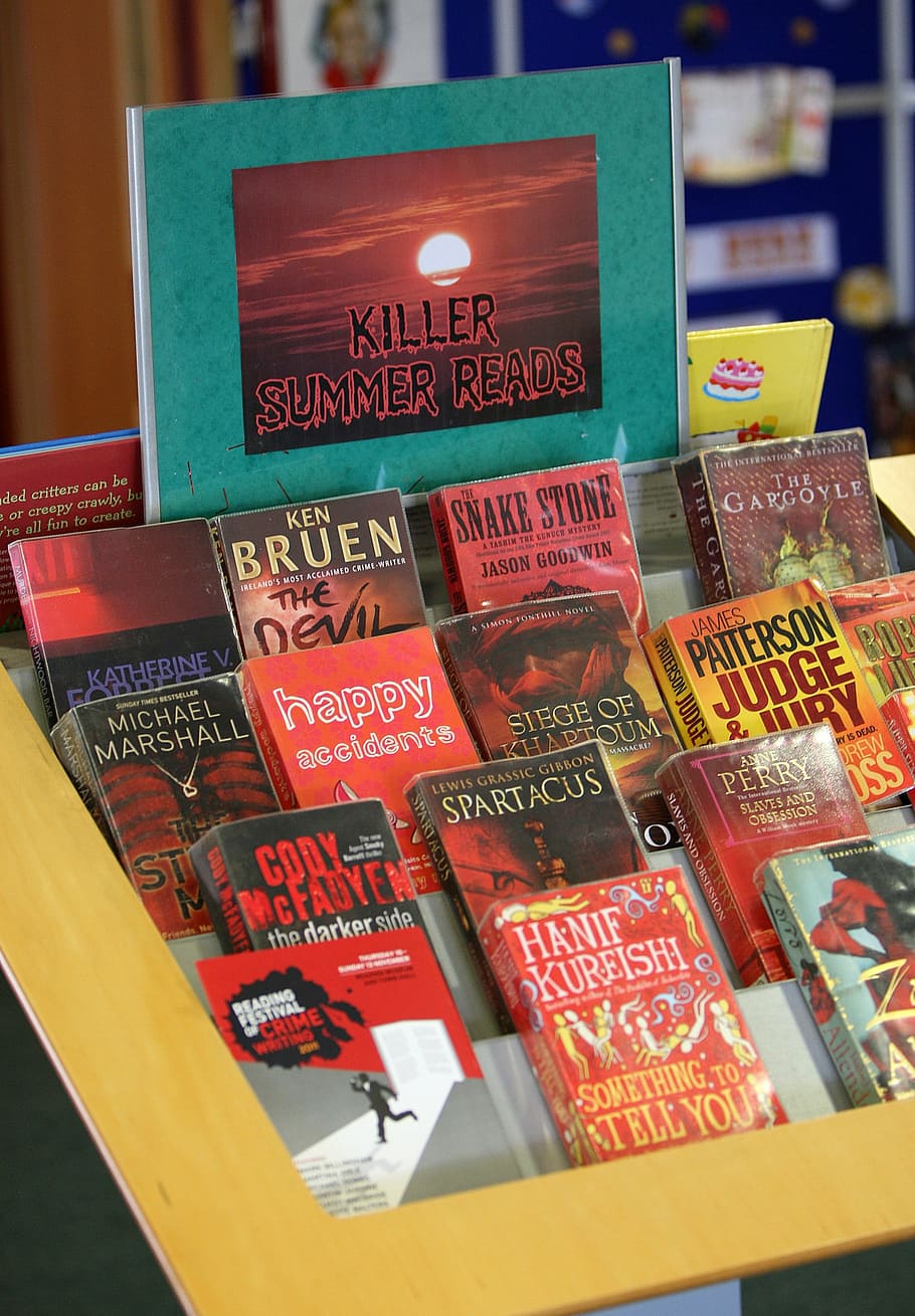 red, book, display, summer, reading, library, text, communication HD wallpaper