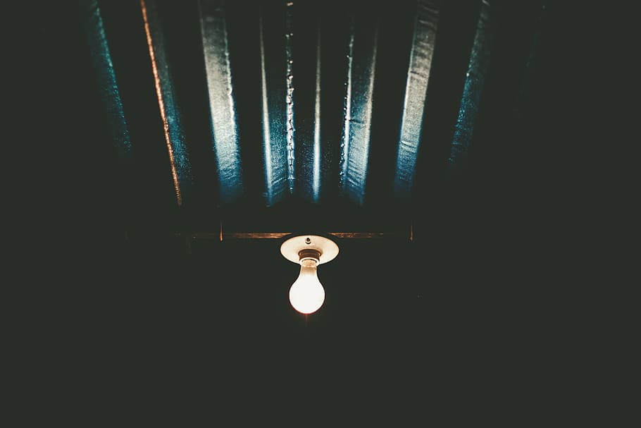 lighted bulb on grey ceiling, white, switch, inside, room, light bulb