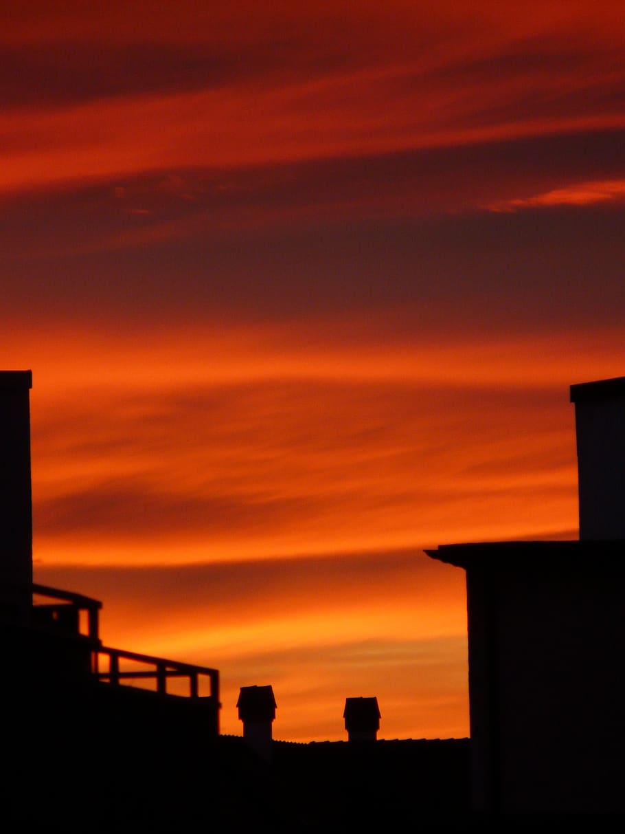 afterglow, sunset, sky, clouds, fire, burn, house, architecture HD wallpaper