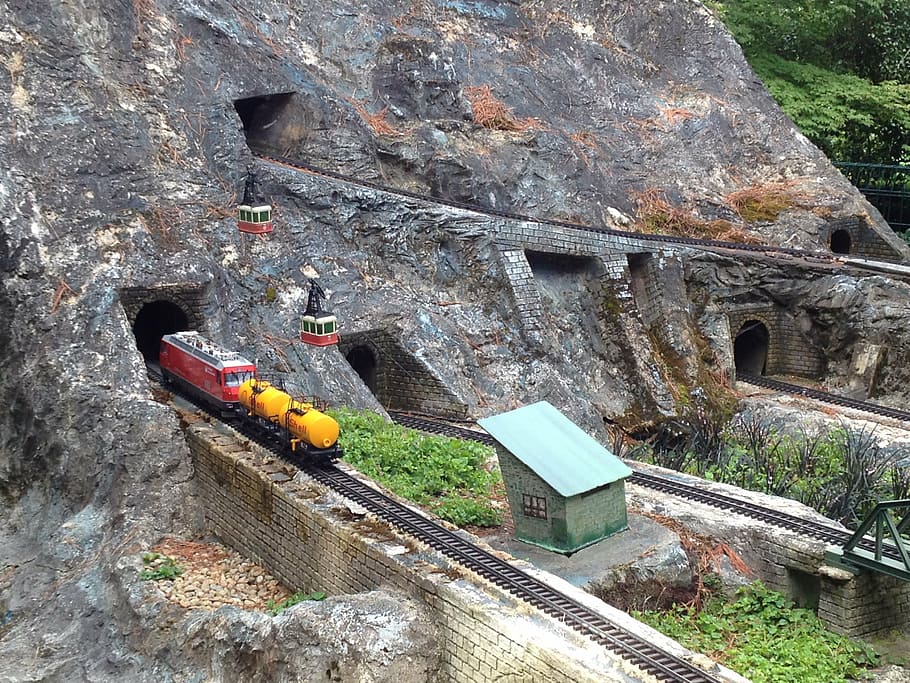 model train, tunnel, mountain, miniature, railway, railroad HD wallpaper