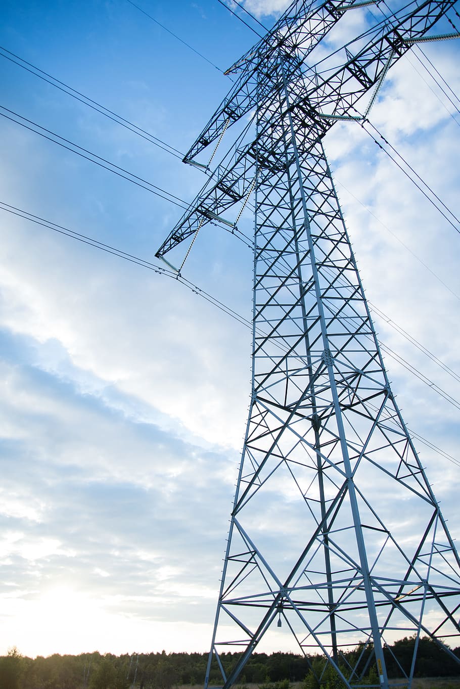 Gray Transmission Line Under Blue Sky at Daytime, cable, clouds