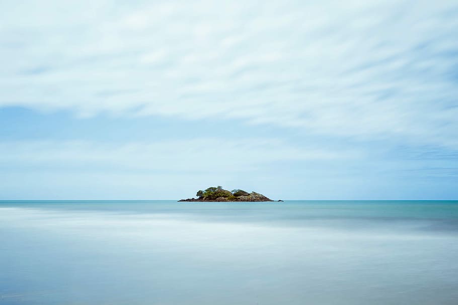 island on sea under white clouds, nature, blue, beach, sky, summer HD wallpaper