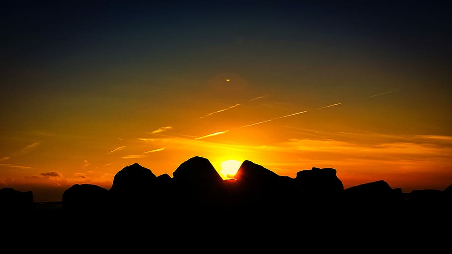 Sunset, Rock, Coast, Mood, Orange, red, black, background image HD wallpaper