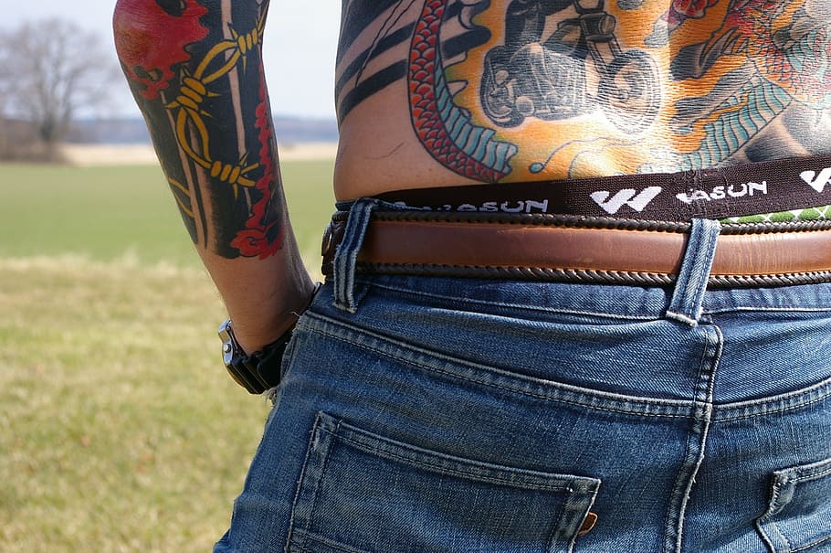 person wearing blue denim bottoms, back, jeans, hoy, tattoo HD wallpaper