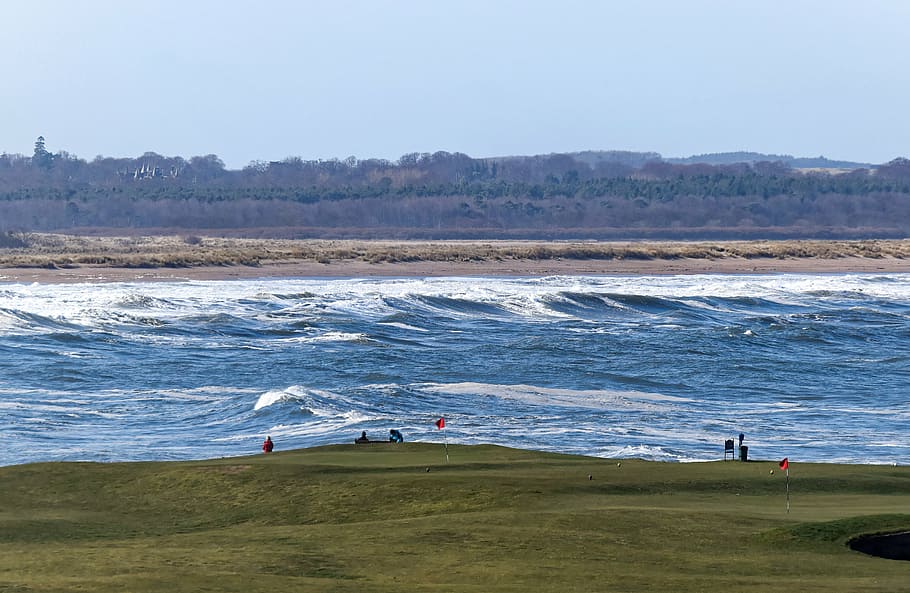 golf, golf course, scenery, waves, sea, beach, shoreline, blue HD wallpaper