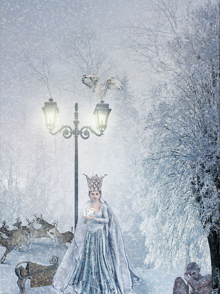 snow queen, fairy tales, winter, forest, ice crystal, lantern, HD wallpaper