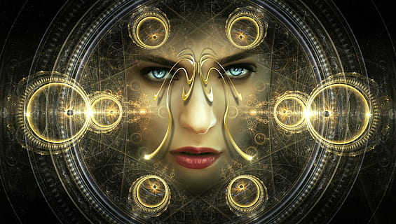 woman face, portrait, fantasy, light, pattern, eyes, ornament HD wallpaper