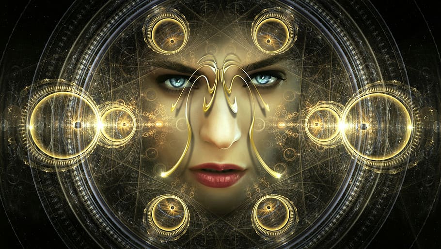 woman face, portrait, fantasy, light, pattern, eyes, ornament HD wallpaper