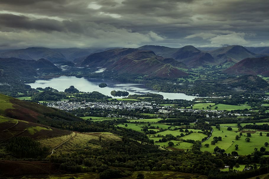 aerial view of city, keswick, lake district, england, uk, scenic