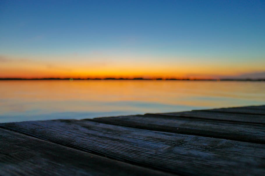 view of sunset, horizon, viewpoint, pier, deck, wood planks HD wallpaper