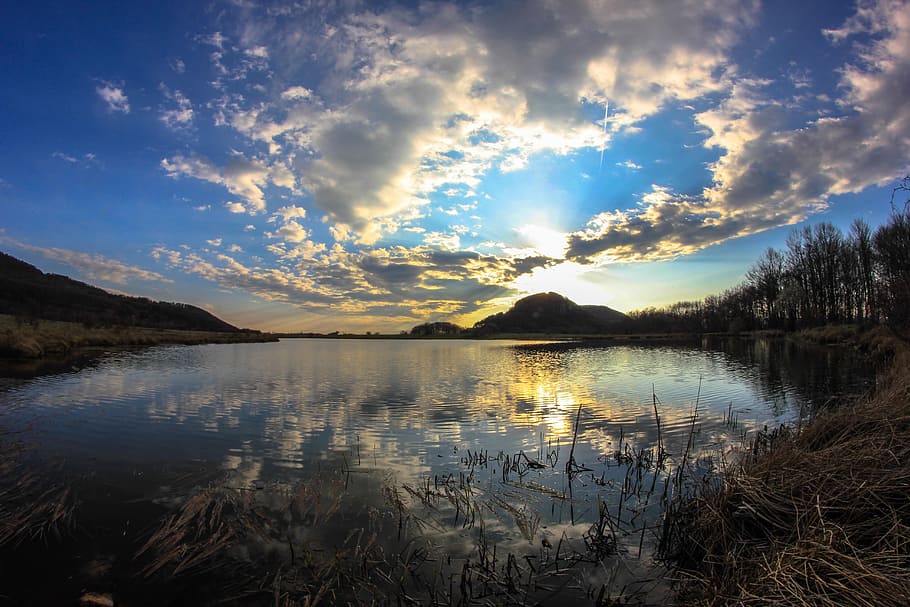 blue, nature, light, cloud, color, mirror, outdoors, sunny HD wallpaper