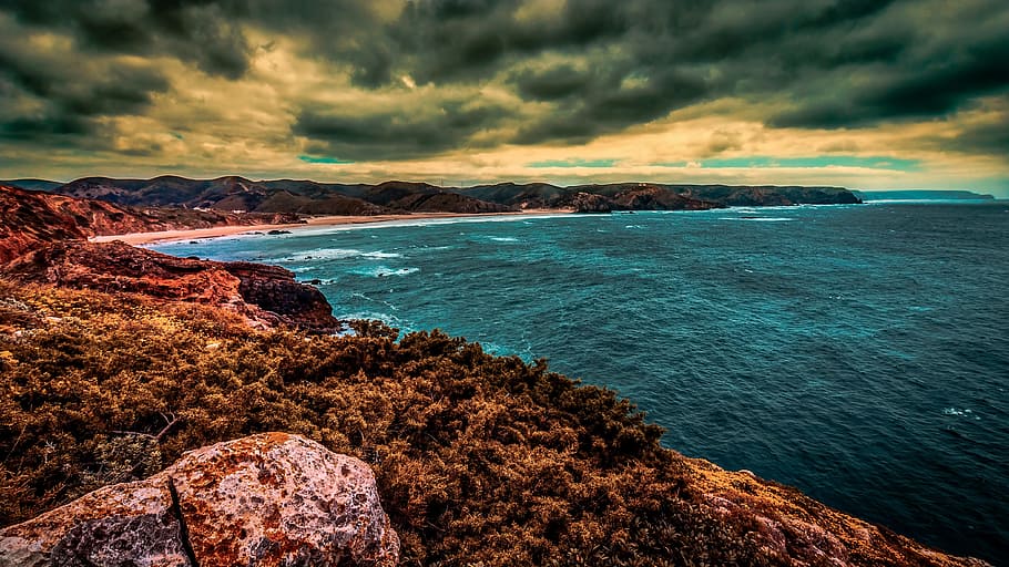 beach, ocean, cloudy, landscape, coastline, dramatic, sea, sky HD wallpaper