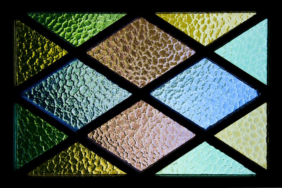 multicolored glass window, close up photo of stained glass, blue HD wallpaper