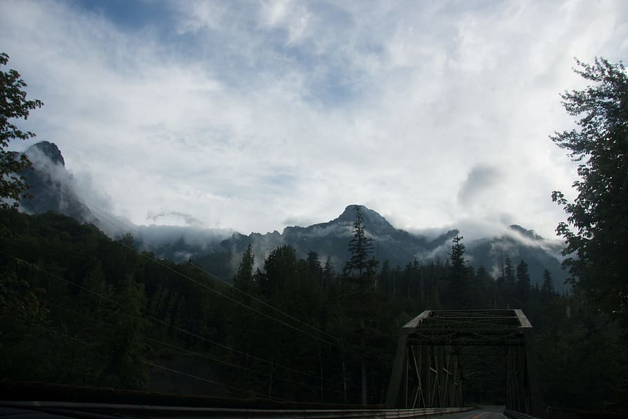person showing mountain, mountain under white clouds, tree, cloudy HD wallpaper