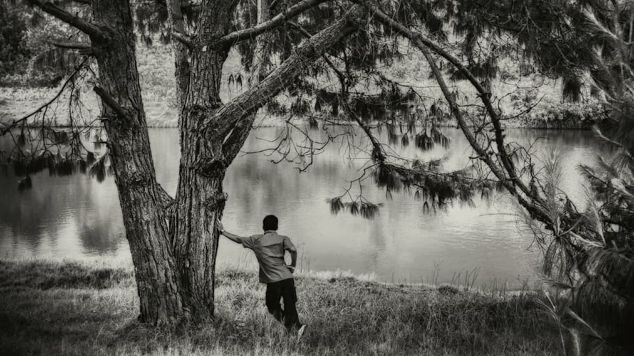 man standing beside tree, lake, lonely, black and white, nature