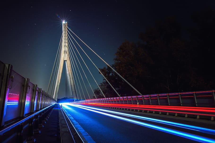 time lapse photo of suspension bridge, night, architecture HD wallpaper