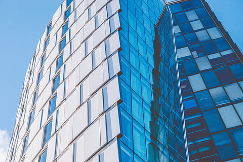 Reflections on glass office building, architecture, skyscraper HD wallpaper