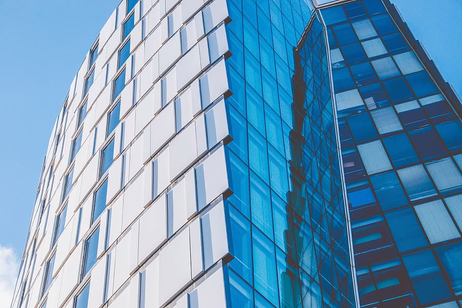 Reflections on glass office building, architecture, skyscraper HD wallpaper