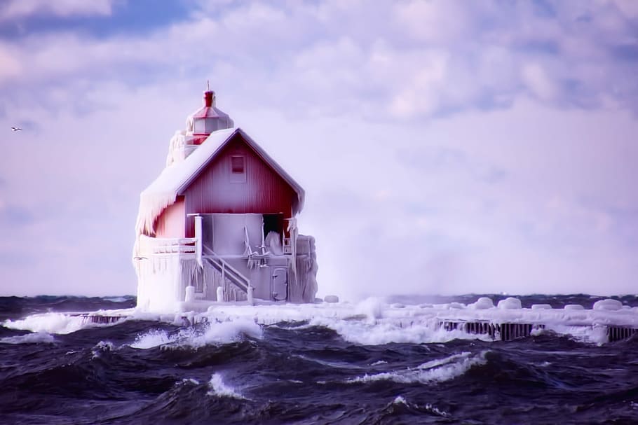 house surrounded by body of water, Lighthouse, Clouds, Sea HD wallpaper