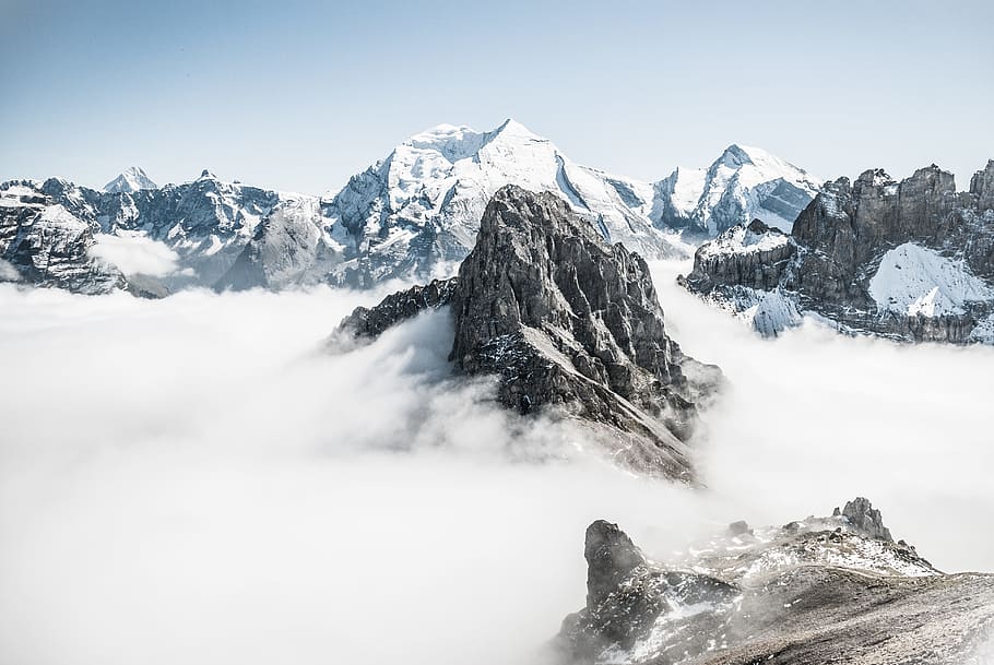 landscape photo of mountain alps, mountain range covered with snow aerial photography HD wallpaper