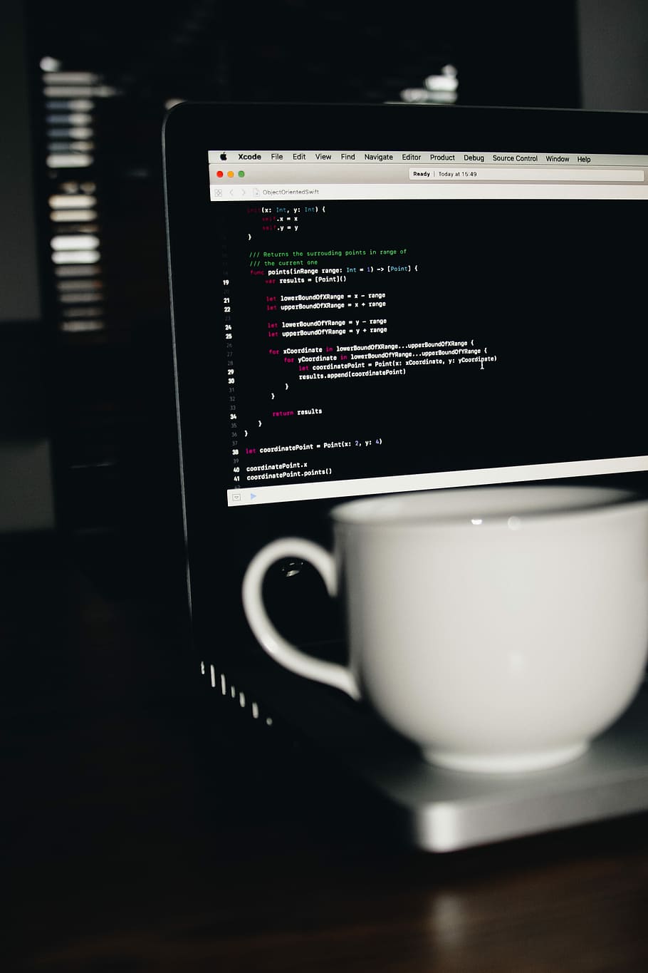 photo of white ceramic teacup on turned on MacBook Pro, white ceramic teacup on turn on laptop computer HD wallpaper