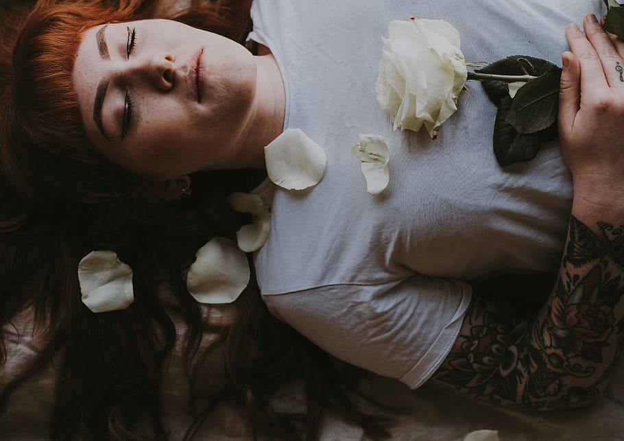 woman sleeping holding white rose flower, woman wearing grey shirt lying on the field holding white rose HD wallpaper